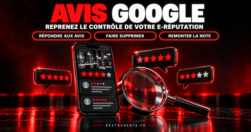 Avis Google restaurant : reprenez le contrôle de votre e-réputation. Smartphone affichant une fiche d'établissement avec sa note en étoiles, loupe et bulles d'avis