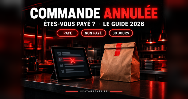 Commande annulée Uber Eats : êtes-vous payé ? Tablette de commande barrée d'une croix rouge et sac de livraison scellé, avec les badges Payé, Non payé et 30 jours