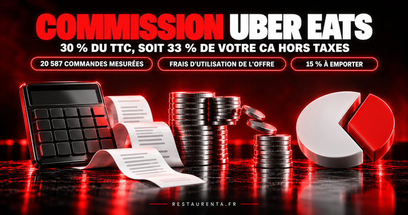 Commission Uber Eats : 30 % du TTC, soit 33 % du chiffre d'affaires hors taxes. Calculatrice, ticket de caisse, pile de pièces et camembert dont une part est prélevée