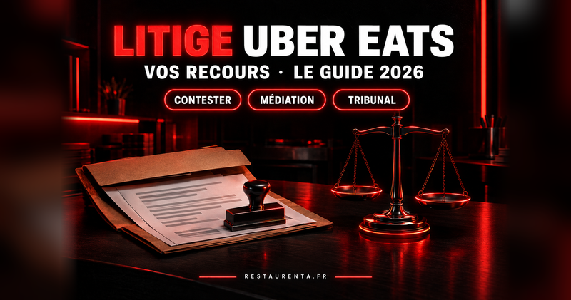 Litige Uber Eats : vos recours de restaurateur. Dossier de preuves et balance stylisée, avec les badges Contester, Médiation et Tribunal