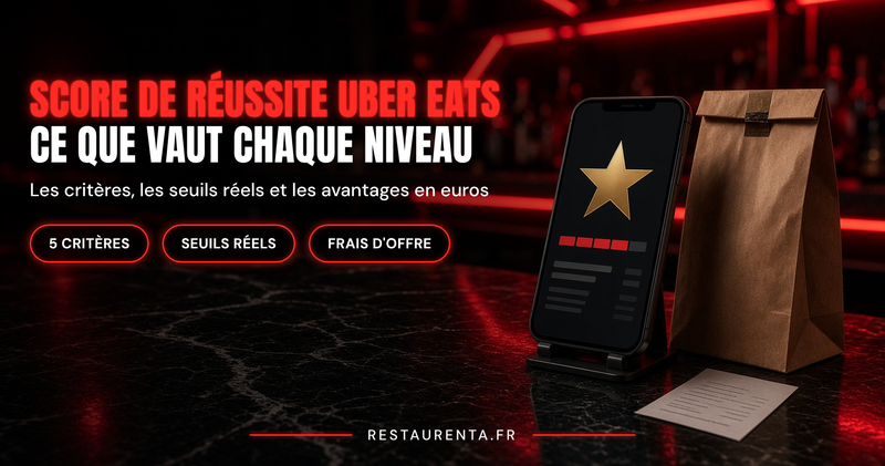 Score de réussite Uber Eats : ce que vaut chaque niveau. Smartphone affichant une étoile dorée et une jauge à 4 niveaux sur 5, à côté d'un sac de livraison