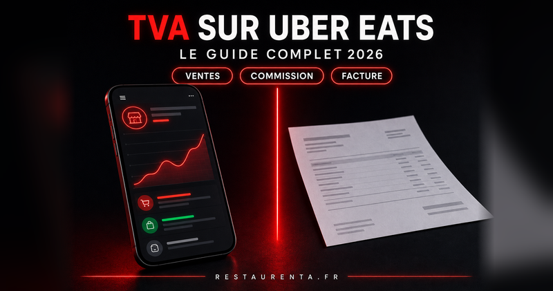 Couverture : TVA sur Uber Eats, le guide complet 2026 : la TVA des ventes et la TVA des frais de la plateforme, séparées par un néon rouge entre un smartphone de ventes et une facture