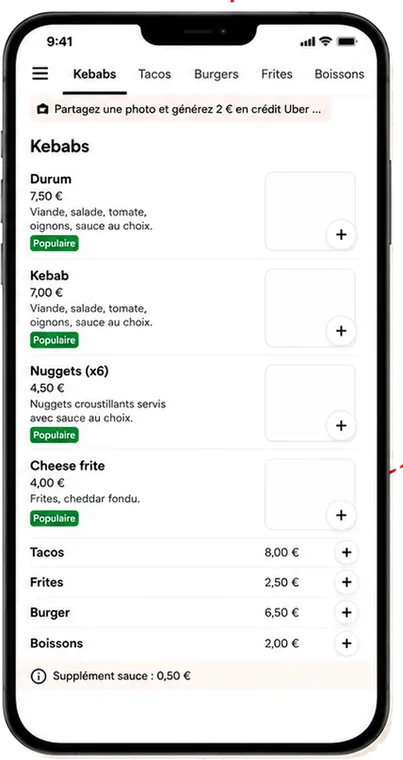 Menu kebab avant optimisation : liste sans photos