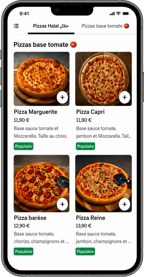 Menu pizza après optimisation : visuels et hiérarchie claire