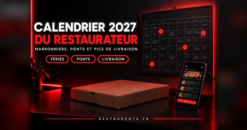 Calendrier marketing 2027 du restaurateur : marronniers, ponts et pics de livraison, couverture Restaurenta avec calendrier mural et smartphone de commande