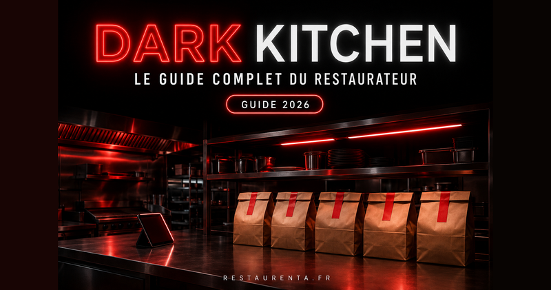 Dark kitchen : le guide complet du restaurateur — cuisine professionnelle de nuit au néon rouge, sacs de livraison scellés