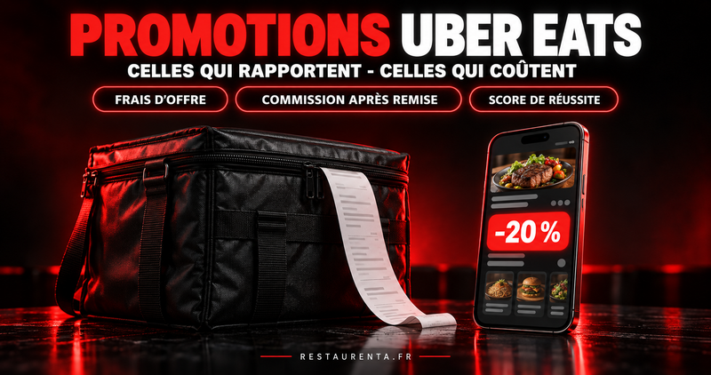 Promotions Uber Eats : celles qui rapportent, celles qui coûtent. Sac de livraison scellé, ticket de caisse et fiche restaurant avec une promotion -20 %