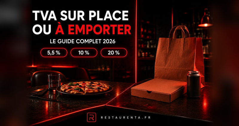 Couverture de l'article : comptoir de restaurant coupé en deux, une pizza servie à l'assiette avec un verre d'un côté, un carton à pizza, une canette et un sac de livraison de l'autre, avec les trois taux de TVA 5,5 %, 10 % et 20 %