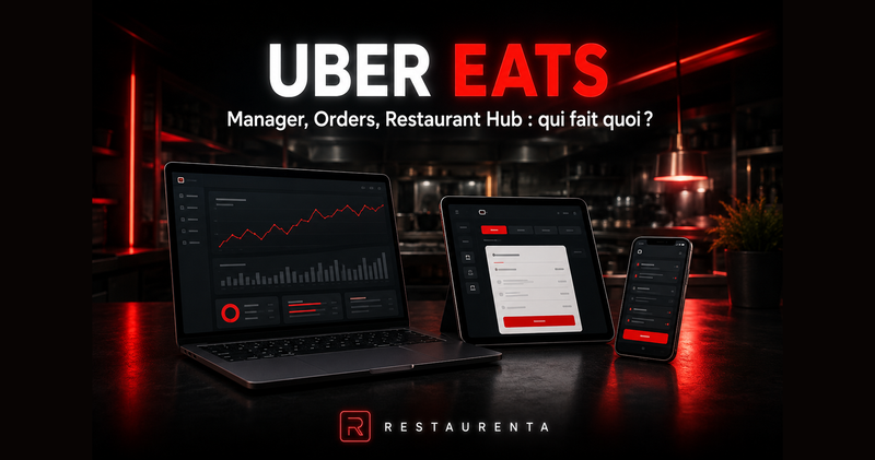 Uber Eats : Manager, Orders, Restaurant Hub, qui fait quoi ? Trois écrans sur un comptoir de restaurant