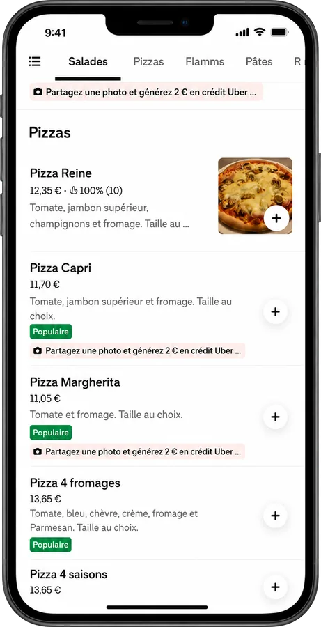Menu pizza avant optimisation : liste peu lisible